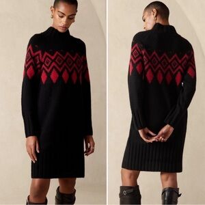 Banana Republic Wool Yak Black Red Turtleneck Fair Isle Knit Sweater Dress Small